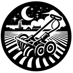 Illustration of a tillage tool in a field under a night sky with a moon and stars and a building line in back