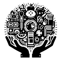 Hands holding a collection of diverse objects including food earth and tools in black and white style