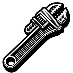 Illustration of a black and white adjustable wrench with textured handle and jaws in detail view