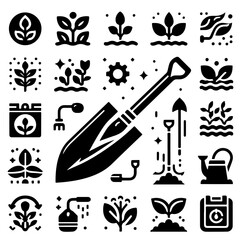 Illustration depicting various gardening icons including plants, tools, and growth symbols shown in black