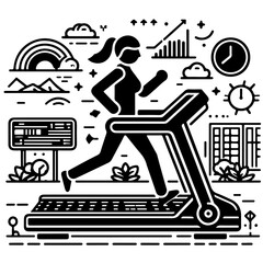 Woman running on a treadmill with a rainbow, mountains, and city buildings in the background vector art