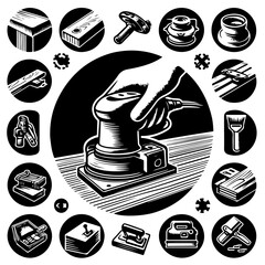 Illustration of a hand using a sander surrounded by woodworking tools in black and white style