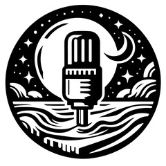 Vintage microphone against a night sky with stars moon and waves in a circular black design art