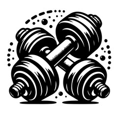 Two dumbbells crossed with black ink style and dots around for gym and fitness illustration design