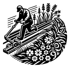 A person using a sod cutter in a field of flowers and wheat in a circular black and white design