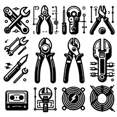 Illustration showcasing various tools including wrenches pliers and electronic components in black and white