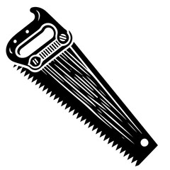 Illustration of a hand saw with a dark handle and a toothed blade on a white plain background