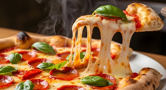 Delicious pepperoni pizza with basil and melting cheese perfect for food blog and social media posts