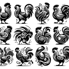 Collection of twelve stylized rooster illustrations in black and white with intricate details