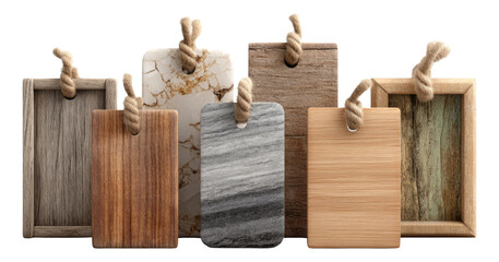 Varied Textured Wooden and Stone Tags with Twine on Transparent Background