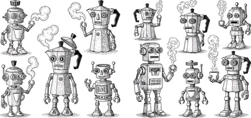 Obraz premium Engraved Italian Coffee Maker Robot Character Vector Set Featuring Vintage Mechanical Steampunk Style Artwork