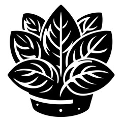 Illustration of a potted plant with large leaves and a decorative pot in black and white style design