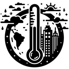 Illustration depicting global warming with earth, thermometer, cityscape, sun, and weather elements