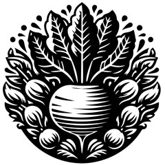 Illustration of a turnip with leaves and surrounding turnips in a circular black and white design