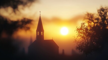 Obraz premium Church sunset silhouette
