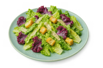 Caesar salad with fresh romaine lettuce, red leaves, croutons, and grated cheese, on transparent background