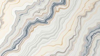 Abstract layered background features flowing, organic, rippled patterns with soft color gradients of white, cream, grey, and subtle gold, creating a textured surface for design concepts.