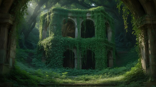 Ruined ancient building facade covered in dense green ivy and moss in a sunlit forest ruins overgrown