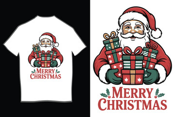 Cartoon santa claus illustration holding three colorful wrapped christmas gifts with bold 'merry christmas' text, perfect for festive holiday season designs and apparel.