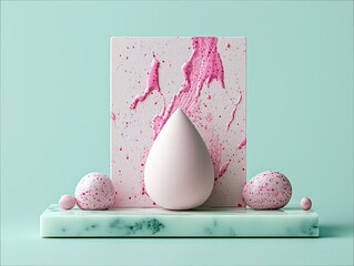 A still life composition featuring a makeup sponge and decorative spheres with pink speckles, set against a textured backdrop with pink paint splatters.