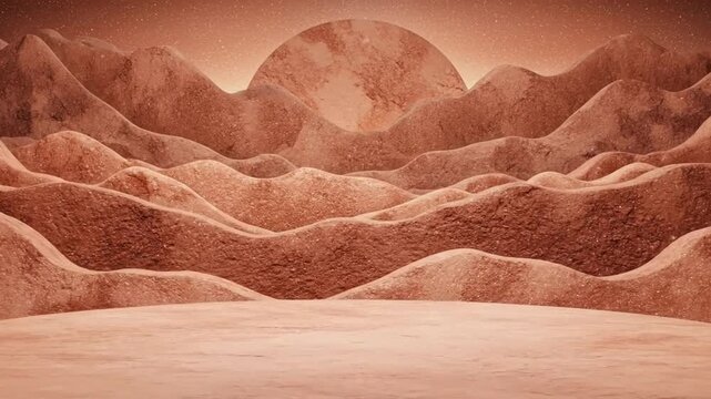 Warm-Toned Abstract Desert Landscape with Display Platforms and Celestial Orb