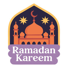 Obraz premium Ramadan kareem greeting with an illustration of a mosque and crescent moon, designed in a traditional islamic art style, perfect for cultural celebrations.