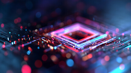 Abstract Circuit Board: A detailed close-up shot of a modern circuit board showcases intricate electrical pathways, with neon light effects that highlight the cutting-edge technology.