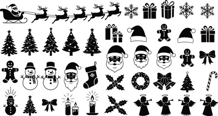 Complete Christmas Holiday Vector Icons and Silhouette Set, Santa Sleigh, Trees, Snowmen, Angels, Gingerbread Man, and Festive Gifts Clipart Collection.