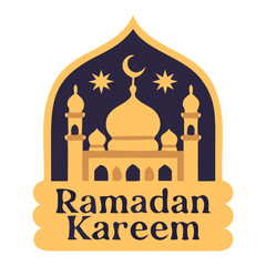 Ramadan kareem greeting with an illustration of a mosque and crescent moon, designed in a traditional islamic art style, perfect for cultural celebrations.