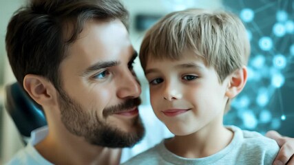 Man and boy smile together in a modern space while surrounded by digital connection icons, network of connections with icons over caucasian male doctor - Powered by Adobe