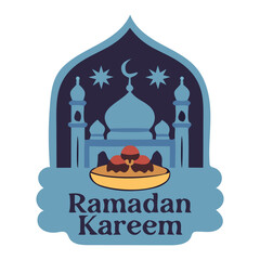 Ramadan kareem greeting with an illustration of a mosque and crescent moon, designed in a traditional islamic art style, perfect for cultural celebrations.