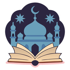 Ramadan kareem greeting with an illustration of a mosque and crescent moon, designed in a traditional islamic art style, perfect for cultural celebrations.