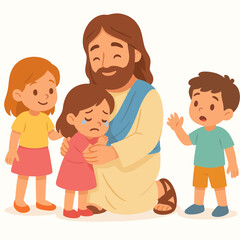 Obraz premium Jesus Comforting Children – Christian Illustration About Care, Faith and Protection