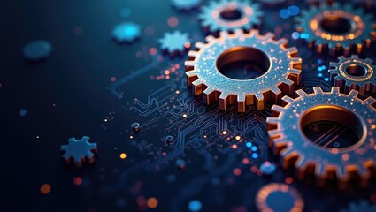 Metallic gear mechanisms are displayed over a detailed circuit board with multiple interconnected circuits and a dark blue background, illustrating a conceptual representation of technology and...