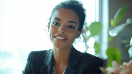 Smiling young business woman at her desk with plants and flowers in a bright office setting, smiling young business woman sitting at her desk Slow motion 60fps - Powered by Adobe