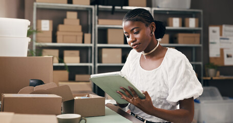Black woman, tablet and boxes for dropshipping, logistics or supply chain with scroll for...