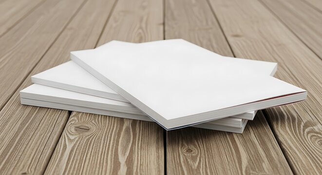 Stack of blank white books or notebooks on a rustic wooden table, ready for custom branding, content, or educational use