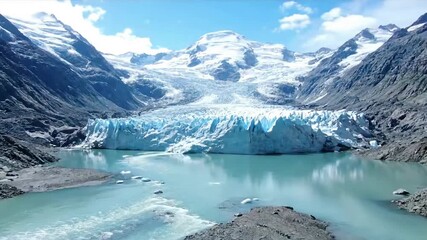 Dynamic time lapse footage capturing the slow, powerful movement of a glacier front, depicting ice calving into a glacial lake or ocean, creating ripples and mist against a dramatic sky. - Powered by Adobe