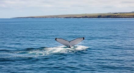 Humpback Whale Fluke Diving in Blue Ocean