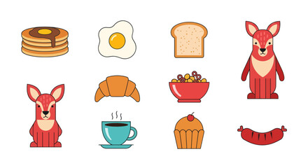 Breakfast food and animal cartoon icons pancakes eggs and deer