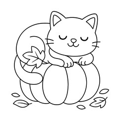 A simple line drawing of a cat sleeping on a pumpkin with leaves around it on white ground