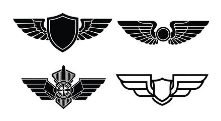 Black and white winged shield emblems and heraldic design elements