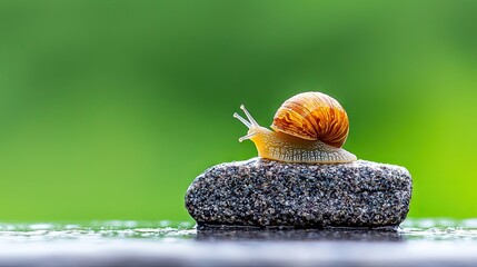 A garden snail with a spiral shell sits on a textured gray rock with a soft green bokeh background.