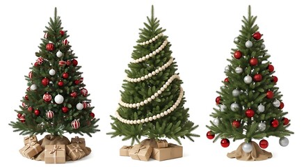 Fototapeta premium Three christmas trees decorated with ornaments and lights on a white background