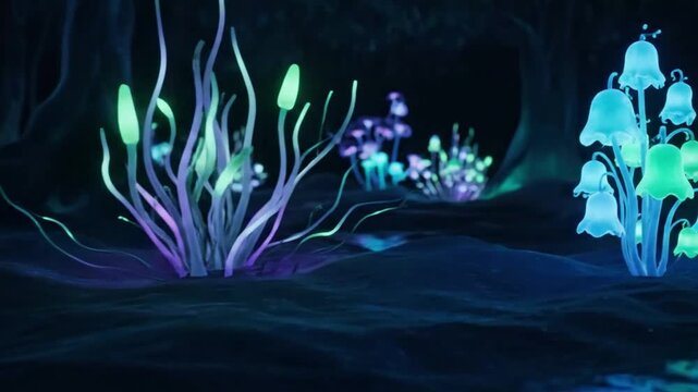 Fluid motion graphics showcasing a tranquil, otherworldly natural environment, emphasizing gentle, luminous movements and captivating abstract elements.