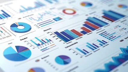 Displaying intricate charts and graphs with varying bar and pie representations on a white surface, providing colorful data visualization, emphasizing business, finance, and statistical analysis,...