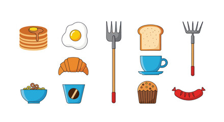 Breakfast food and utensils illustration set isolated on white