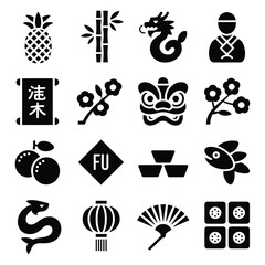 Naklejka premium Chinese New Year Elements and Traditional Symbols Set Featuring Pineapple Bamboo Dragon and More Festive Decorations for Celebration and Cultural Design