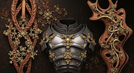 Elaborate fantasy concept art showcasing armor, wood carvings, and intricate gold filigree details
