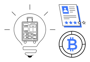 Light bulb housing suitcase for efficiency, resume with star ratings for evaluations, Bitcoin logo for digital currency. Ideal for innovation, business, technology, efficiency, cryptocurrency